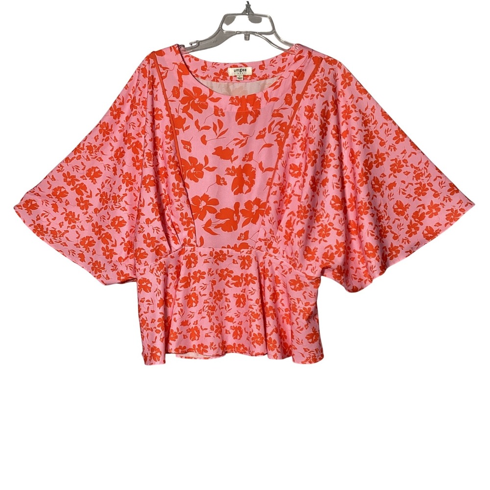 Umgee Floral Blouse Women's Large Pink Red Kimono Sleeve Boho Top